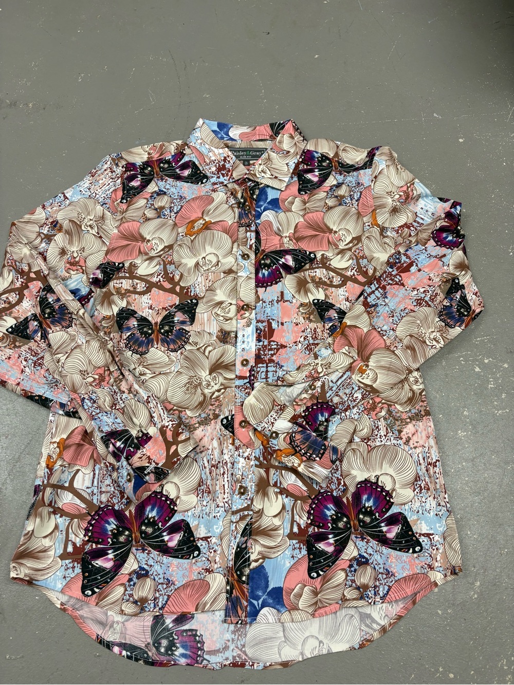 Paisley & Gray Mens L 17 Slim Fit Butterfly Orchid Print Long Sleeve Button Up
